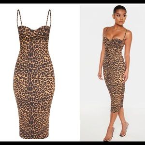 Leopard print strapped cup detail midi dress